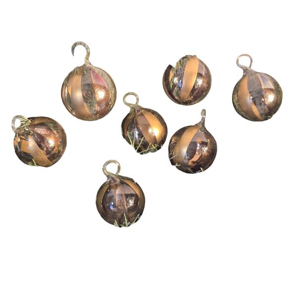Vintage Hand Blown Glass Ornaments Lot of 7 Gold Stripe Mid Century Holiday - Picture 1 of 11